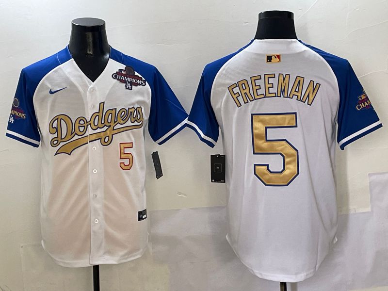 Men Los Angeles Dodgers #5 Freeman White Blue Gold Game 2025 Nike MLB Jersey style 2